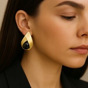 Geometric Earrings goldtone with black stone pierced 2” long